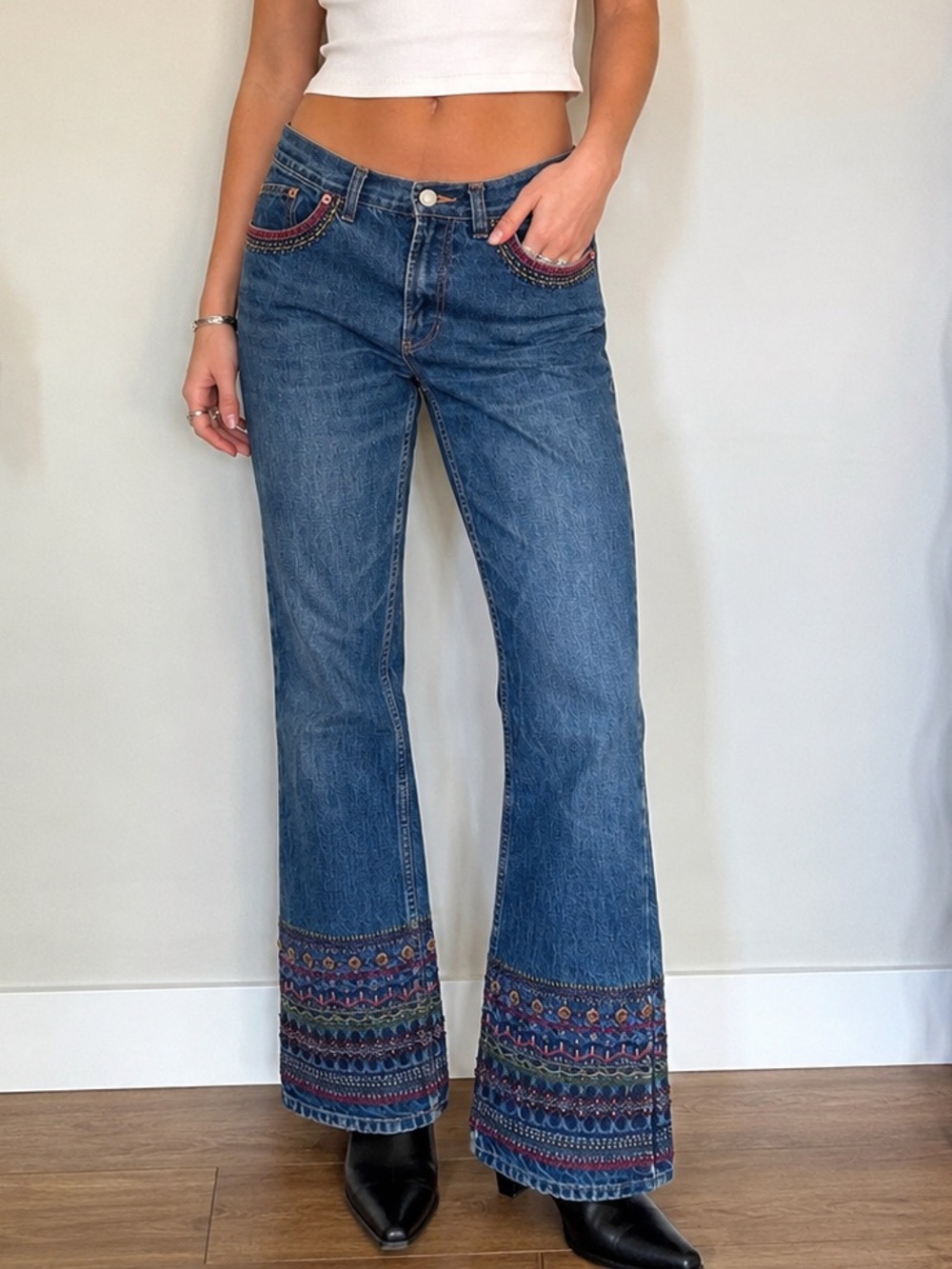 GAP Blue Denim Bootcut Jeans with Multicolor Embroidered Hem
